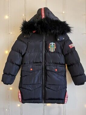 Marvel Blue Puffer Jacket with Faux-Fur Hood and Colorful Patch